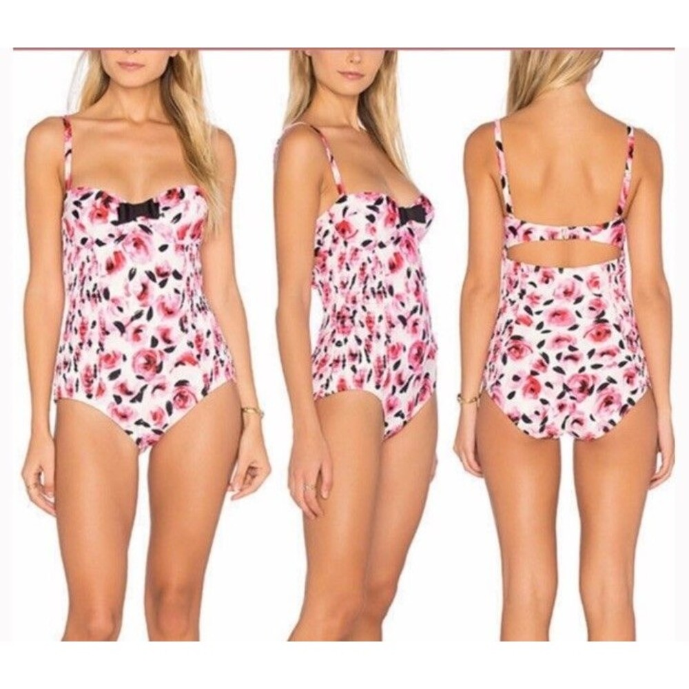 Kate Spade Pink Floral One Piece Swimsuit Bay of Roses Size XS Smocked Stretch - Picture 14 of 16